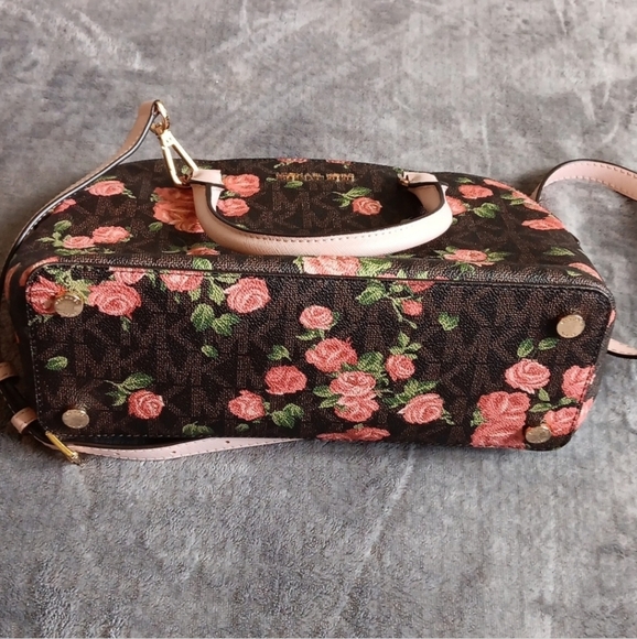 Brown & Pink Floral Michael Kors Handbag Purse, Roses Fall Floral - Picture 9 of 10